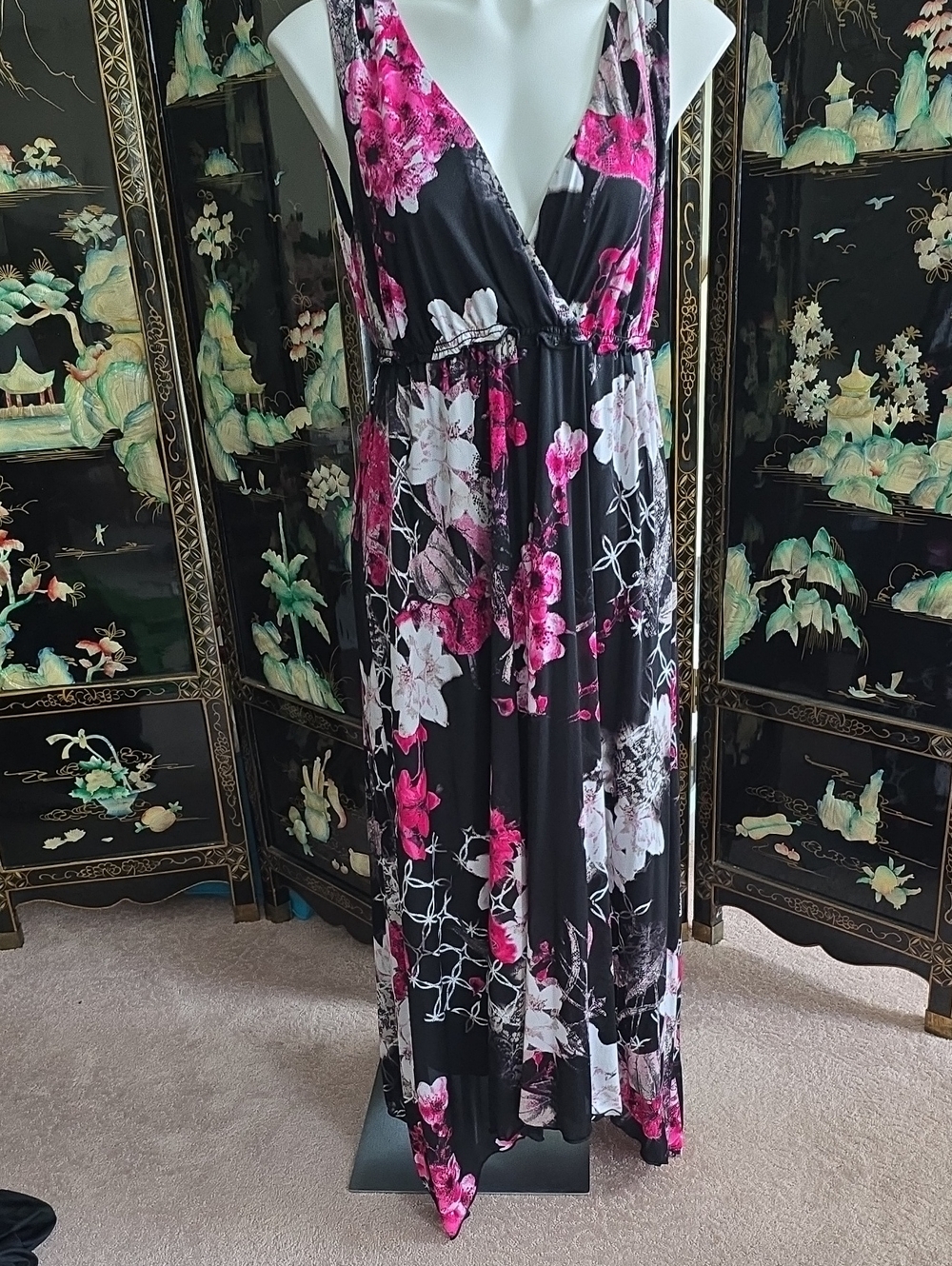 Style & Co. Sleeveless V-Neck Floral Maxi Dress in Black, Fuchsia and White